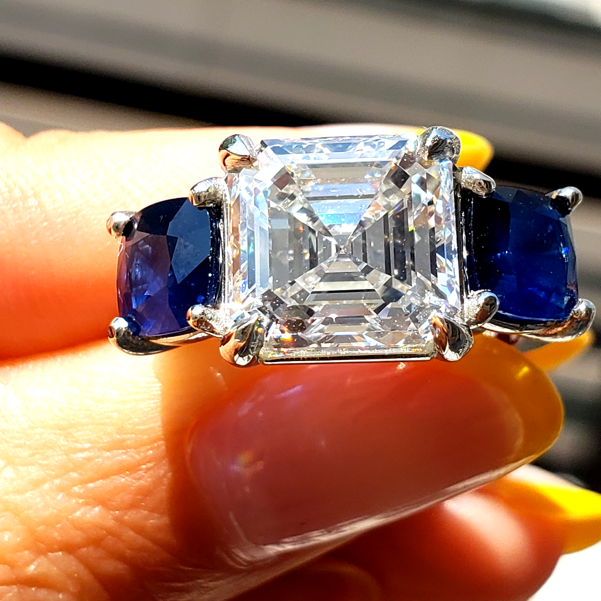 Asscher Cut Diamond Ring with Sapphire Side Stones
